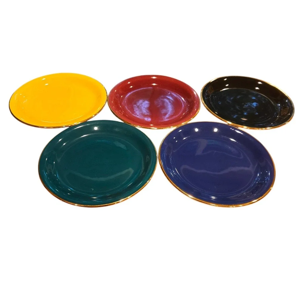 Stavangerflint Dessert Plates Set of 5 Colorful‎ 7in Gold Rim MCM Norway Modern